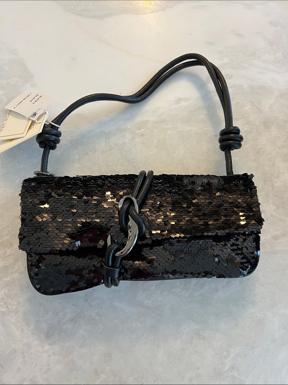 Dolce Vita Black Sequin Mini Shoulder Bag with Knot Accent